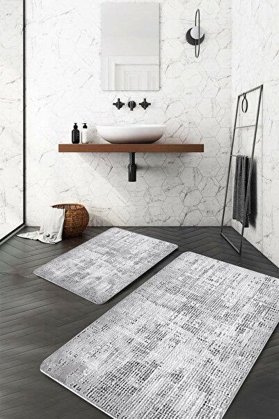 Resmiro Gri Beyaz Modern Desen Banyo Paspası