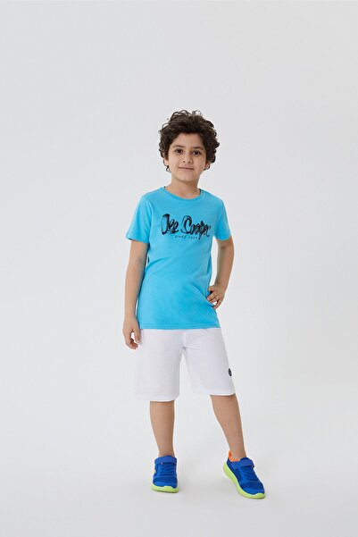 Lee Cooper تي شيرت للأولاد برقبة على شكل رسم شعار باللون الفيروزي رقم الموديل: 212 LCB 242001
