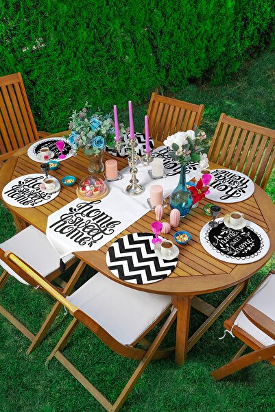 Realhomes 6+1'li Siyah Beyaz Home Sweet Home Özel Tasarım Supla Runner Seti