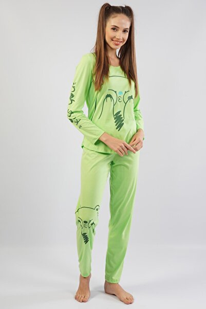 Espuar Women's Bear Patterned Combed Cotton Pajama Set