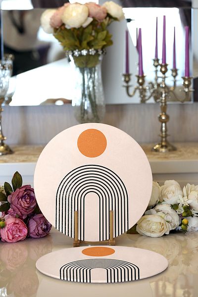 Realhomes 2-Piece Abstract Style Digital Printed Decorative Round Placemat with Onedraw Drawing
