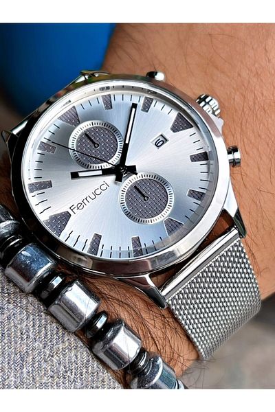 Ferrucci Silver Color Metalic Dial Straw Men's Wrist Watch + Hematite Natural Stone Bracelet Gift