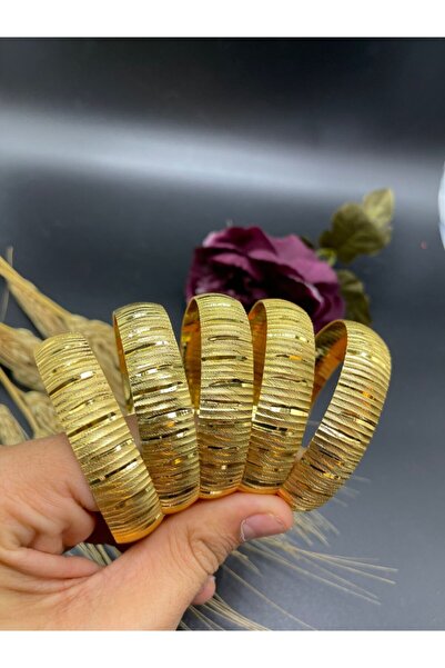 Yıldız Gold İmitasyon 22 Ayar Altın Kaplama Ince Çizgi Detay 5'li 1.5 Cm Bilezik