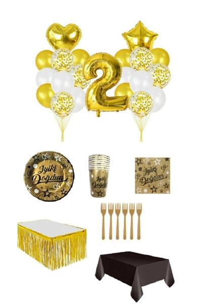 Dipak Set de aniversare de 2 ani, culoare auriu/negru, pentru 16 persoane