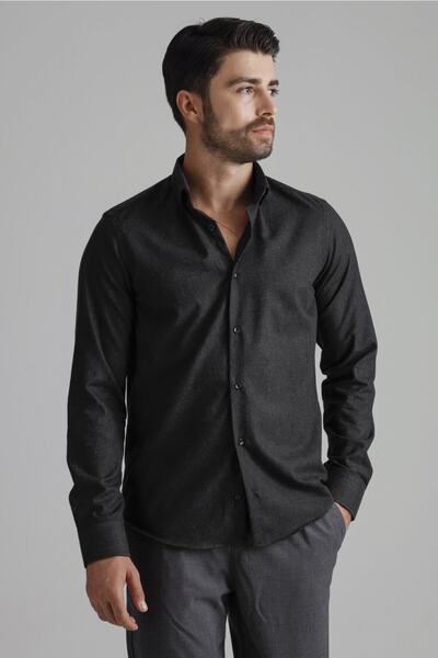 alenmeza Erkek Siyah Oduncu Melanj Kışlık Düğmeli Yaka Cepsiz Modern Fit Gömlek