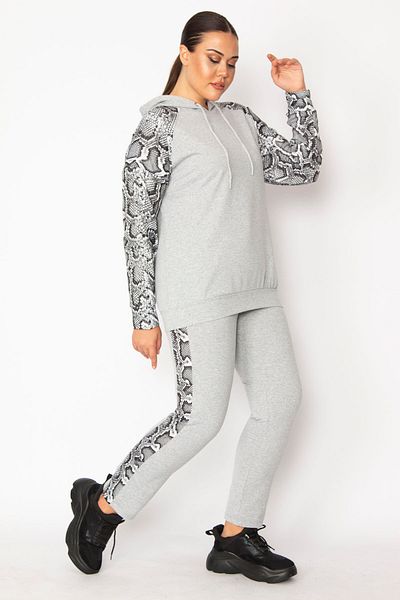 Şans Women's Large Size Gray Hooded Garni Detailed Sweatshirt Trousers Set 65n28708