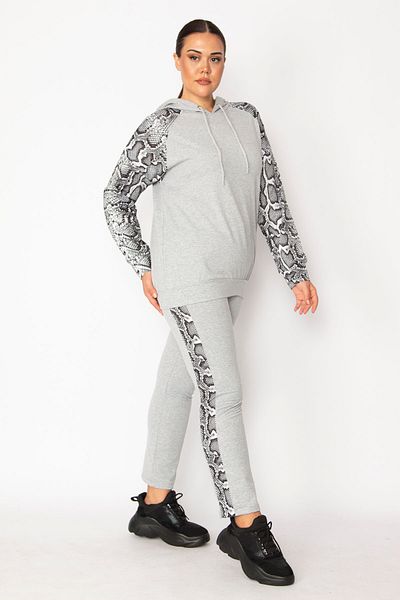 Şans Women's Large Size Gray Hooded Garni Detailed Sweatshirt Trousers Set 65n28708