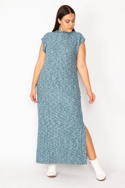 Şans Rochie de damă, albastră, mărime mare, cu guler în picioare, cu fantă laterală din Lycra 65n28715
