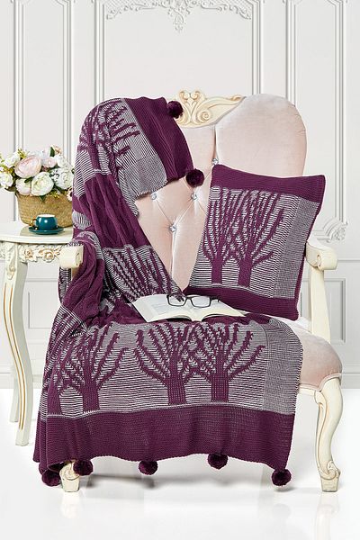 Evlen Home Collection Pompom Knitwear TV Blanket and Throw Pillow Set Tree Purple