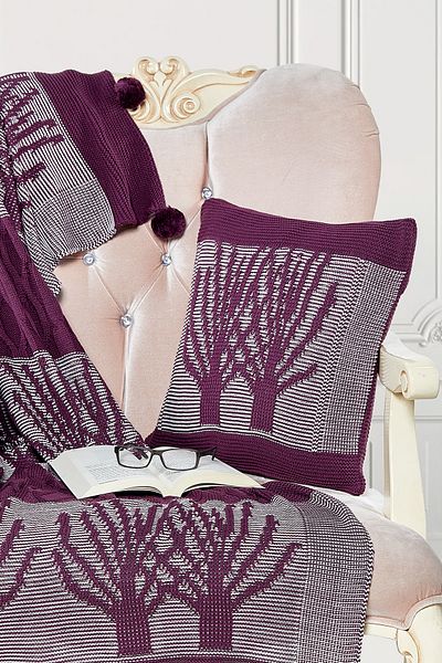 Evlen Home Collection Pompom Knitwear TV Blanket and Throw Pillow Set Tree Purple