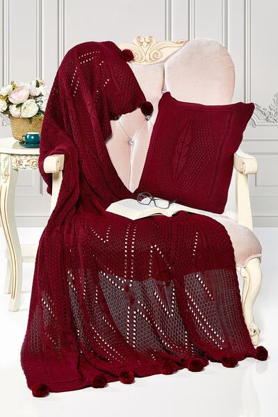 Evlen Home Collection طقم بطانية تلفزيون ووسادة من Pompom Knitwear باللون الأ...