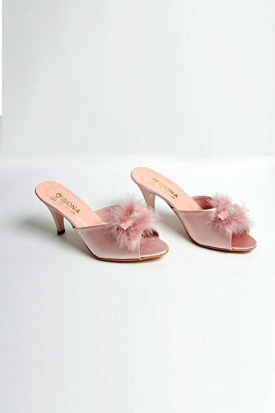 GIONA Παντόφλες νυφικής προίκας με πούπουλα με τακούνι