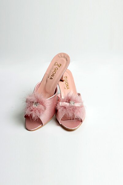 GIONA Παντόφλες νυφικής προίκας με πούπουλα με τακούνι