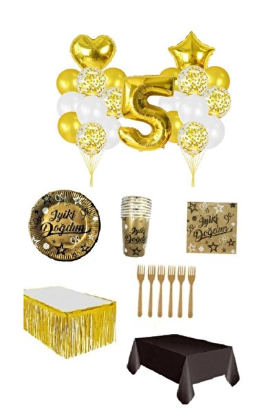 Dipak Set de aniversare de 5 ani, culoare auriu/negru, pentru 16 persoane