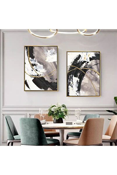 Markazip Altın Metal Çerçeveli Ikili Siyah Pudra Soyut Fırça Kanvas Tablo Lk559-k-a