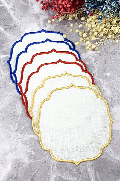 WEARE2 Set de 6 șervețele de cocktail cu efect de in, brodate în albastru, ro...