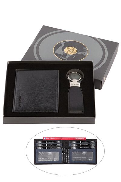CENGİZ PAKEL Genuine Leather Black-blue Men's Wallet + Keychain Set