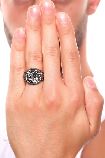 LABALABA Men's Metallic Anthracite Lacquer Plated Adjustable Double Headed Eagle Printed Ring