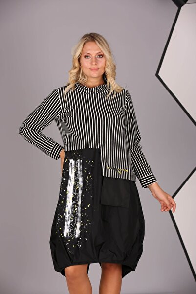 THE NUQUELLA Büyük Beden Çizgili Örme Garnili Elbise