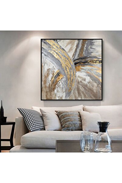 Markazip Siyah Metal Çerçeveli Kahve Gold Soyut Kanvas Tablo Kod: Lk556-k-s