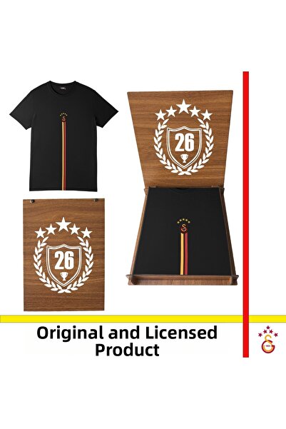 Galatasaray Licensed 5 Star Detailed Black T-Shirt 26 Championships with Wood...