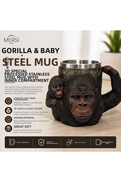 Mersi SHOP Steel Mug with Gorilla and Cub Figures 3D Custom Engraved Stainles...