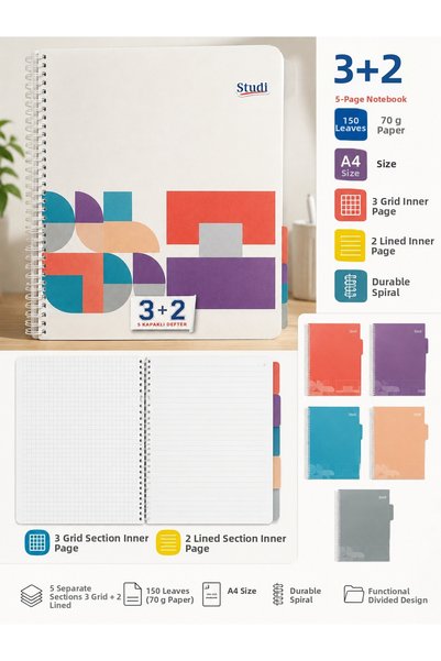 Studi A4 3+2 Spiral 5-Cover Notebook – 5 Separate Sections, Colorful Covers for Each Section