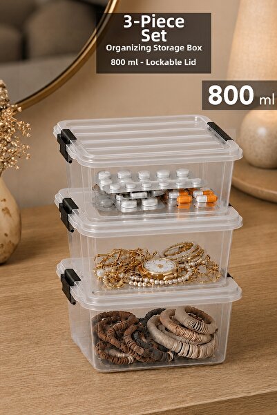Meleni Home 3-Piece Elora Storage Box - 800ml Lockable Lid Jewelry Makeup Org...