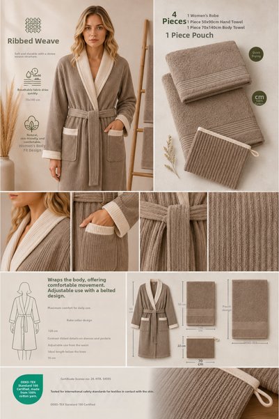 Ellaline Eldy Kontrast Women's Robe Set, 4 Pieces, 100% Cotton Certified Shawl Stripe Robe Set - Beige