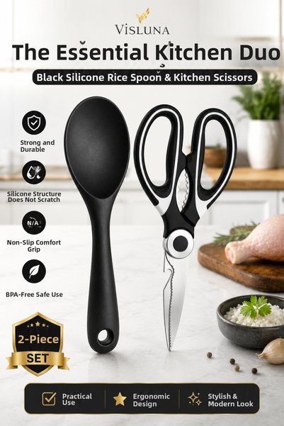 VİSLUNA Silicone Hard-Tipped Rice Spoon and Kitchen Scissors Set of 2 – Pract...