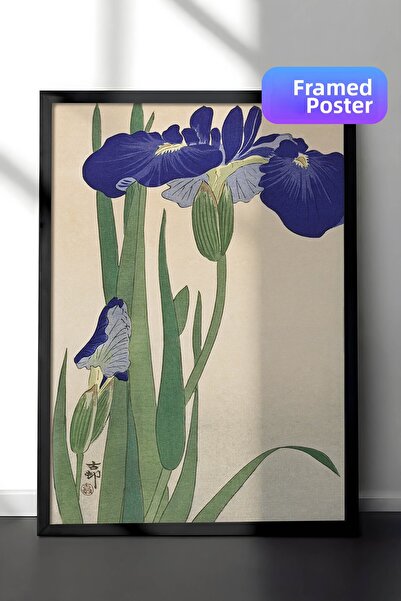 Zestia Pictură murală de artă japoneză cu ramă neagră, flori de iris albastru...