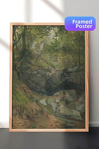 Zestia Impressionist Wall Painting with Wooden Frame, Stream and Rocks in For...