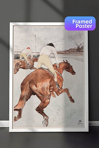 Zestia Pictură de perete vintage în ramă albă, Cai de curse și jockey, Nr.: 2...