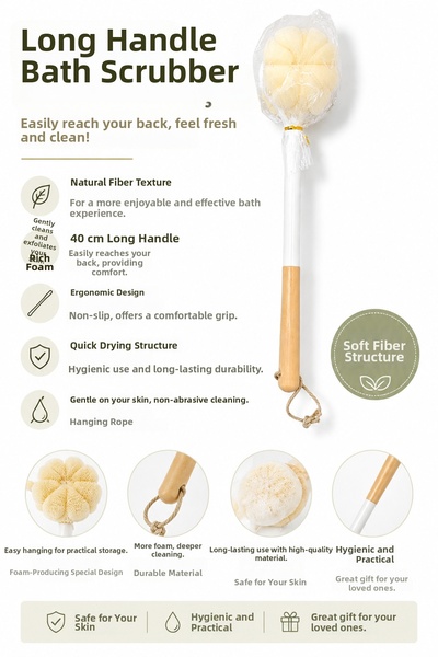 Ekostem Bamboo Handle Shower Brush, Two-Sided Back Washing, Exfoliating, and Massage Brush |   Natural Fiber and Exfoliation
