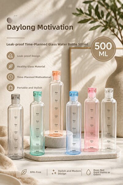 House Bird Leak-Proof Timed Glass Water Bottle 500 ml Motivational Flask 1 Piece