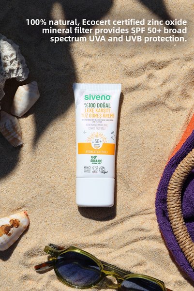 Siveno واقي شمسي طبيعي 100% للوجه مضاد للعيوب، مرشح معدني مضيء UVA UVB SPF 50+ 30 مل