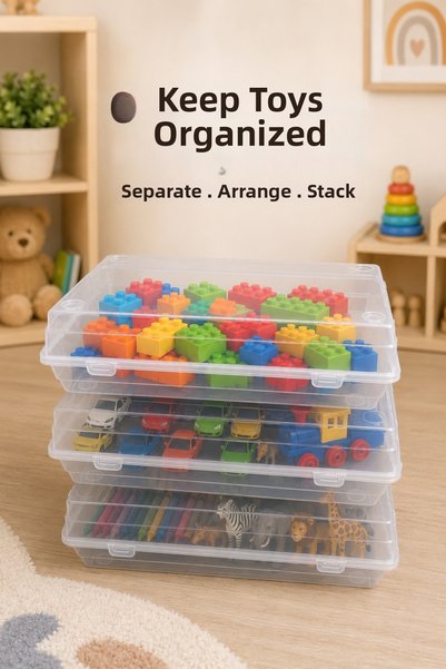 Nex10 3-Piece Toy Storage Box with Transparent Lid, Stackable Kids' Room Organizer 32X20X10.5 cm