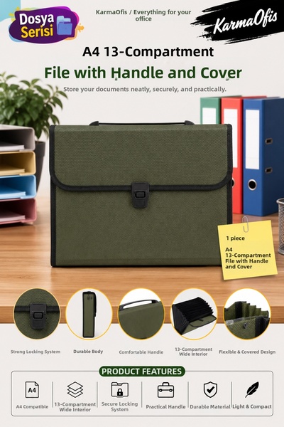 KarmaOfis A4 13-Compartment Bellows File Folder with Handle |   Lockable, Lar...