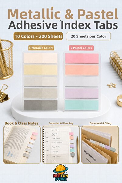 neptünstore Metallic and Pastel Adhesive Film Bookmark Set – 10 Colors, 200 S...
