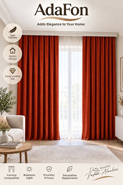 SHY TEKSTİL Kiremit Adafon Soft Velvet Textured Cornice Stylish Decorative Li...