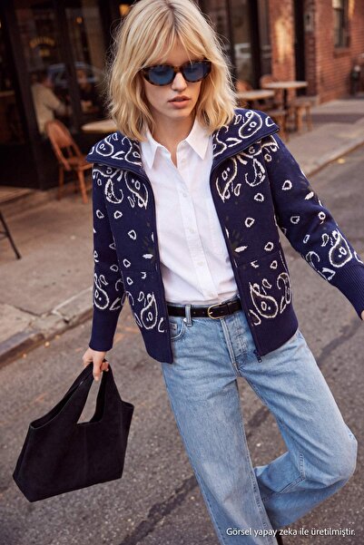 Trendyol Collection Navy Blue Ethnic Patterned Turn-Down Collar Knitwear Card...