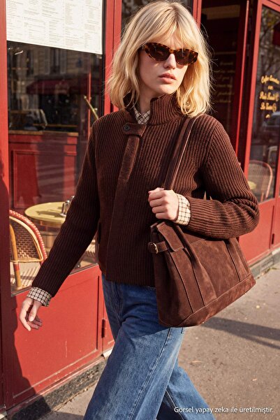 Trendyol Collection Brown Soft Textured Stand Collar Buttoned Coatigan Knitwe...