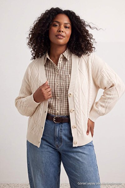 Trendyol Curve Stone Hair Braid Detailed V-Neck Buttoned Knitwear Cardigan Tb...