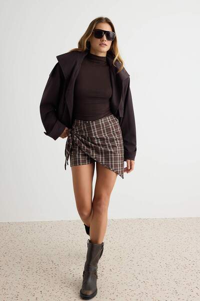 Trendyol Collection Brown Plaid Shawl Tie Detail Flannel Shorts & Bermuda Two...
