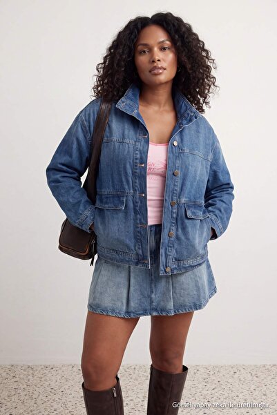 Trendyol Curve Brown Stand Collar Denim Oversized Jacket Tbbaw27Ag00029