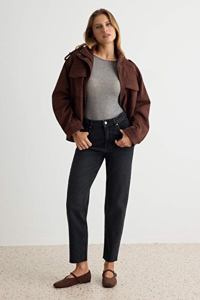 Trendyol Collection Black High-Waisted Low Stretch Mom Raw Hem Jeans TWOSS23J...