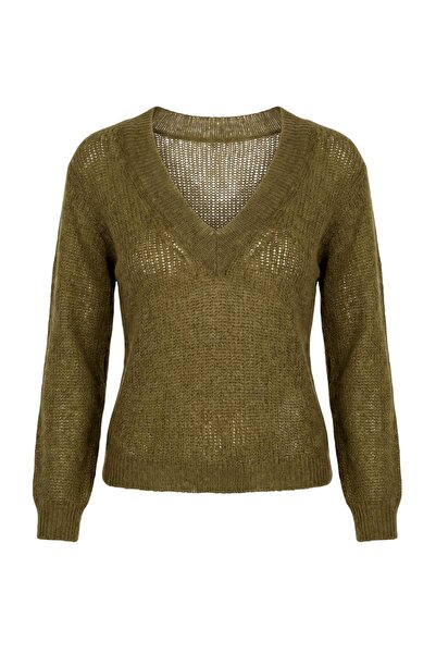 Trendyol Collection Wardrobe Essentials Oil Green V-Neck Moher Blended Thin K...