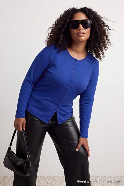Trendyol Curve Cobalt Blue Button Detailed Crew Neck Ribbed Flexible Regular ...