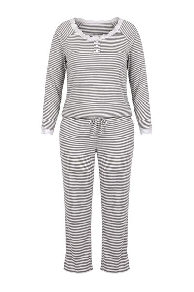Trendyol Curve Gray Striped Lace Soft Buttoned Knitted Large Size Pajamas Set...