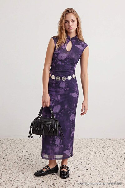 Trendyol Collection Purple Floral Bodycon/Bodycon Keyhole Neck Maxi Tulle Lin...